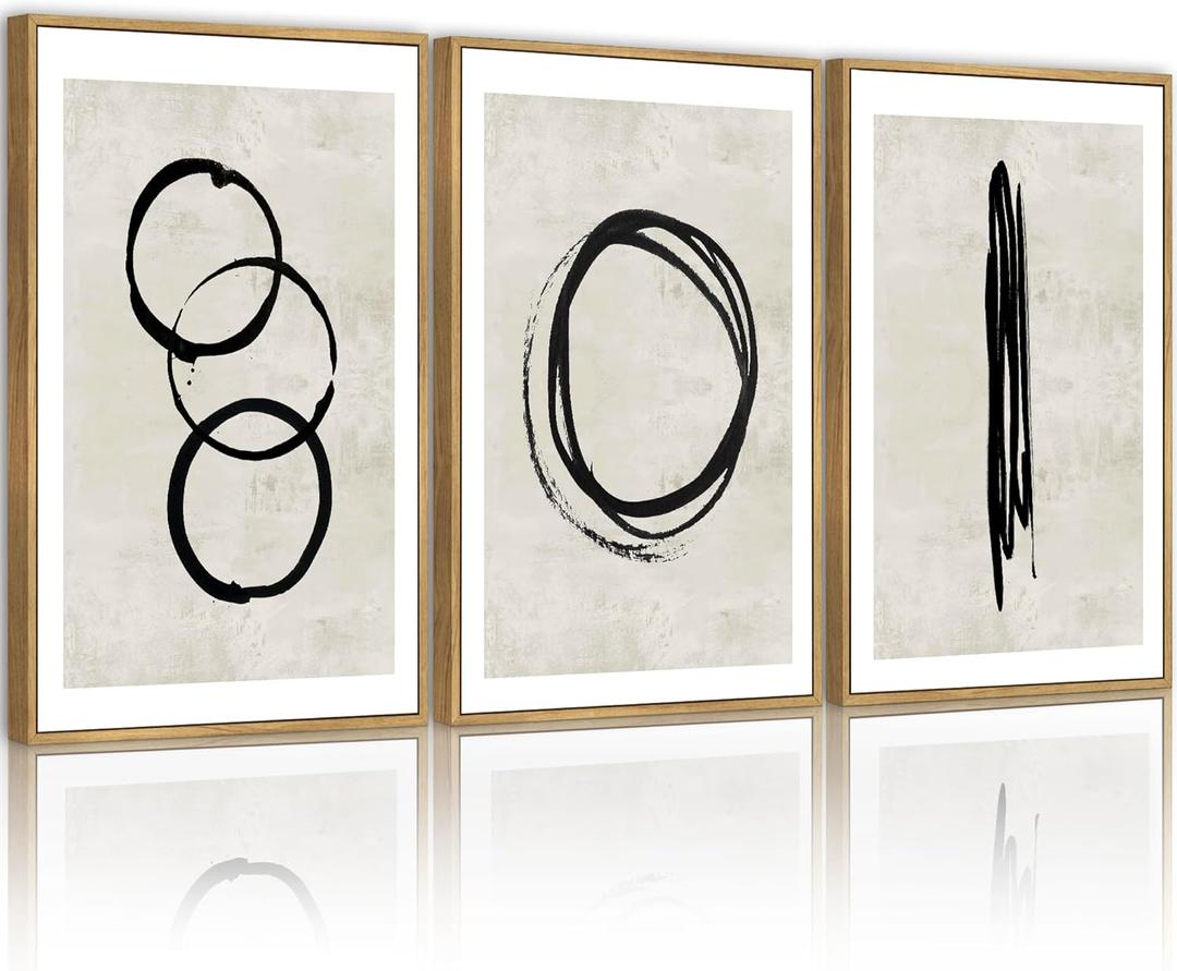 PHOPAGO Black Abstract Wall Art Large 16x24in Minimalist Lines Framed Canvas Painting Artwork Living Room Bedroom Home Decor Natural Framed