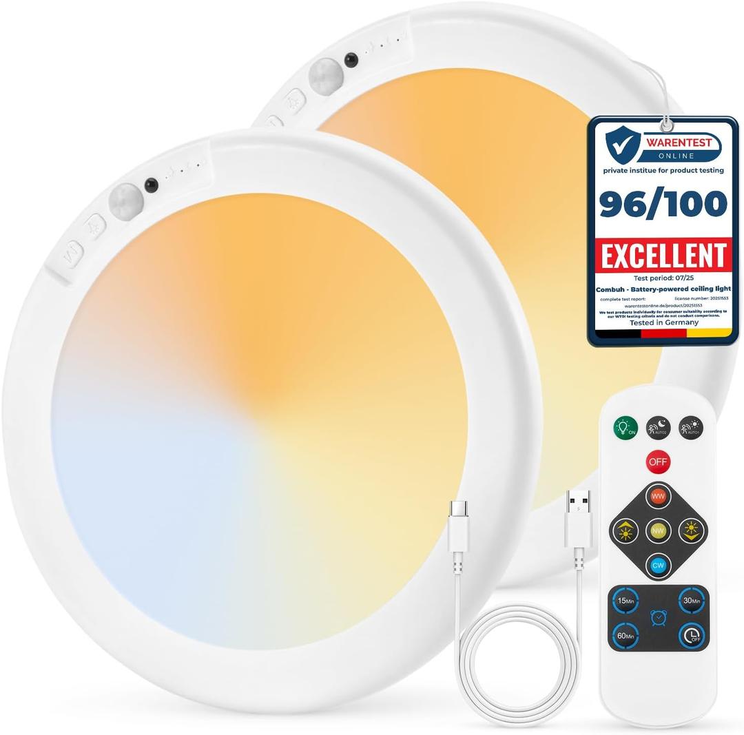 Combuh 2Pack Rechargeable Closet Lights Motion Sensored, Battery Powered Shower Lamp with Remote, Dimming Timing Cordless Ceiling Light Fixture for Pantry Laundry Bathroom Hallway, 7.48Inch, Round