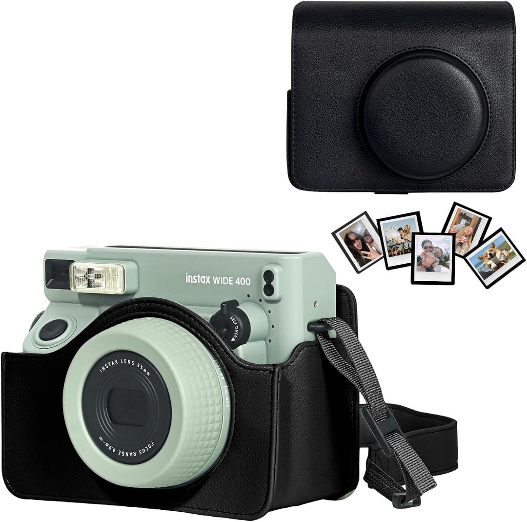 3 x Wide 400 Instant Film Protective Case with Fujifilm Wide 400 Instant Film Camera, PU Leather Camera Bag with Wide Magnetic Picture Frames 5 PCS, Adjustable Strap - Black (No Camera)