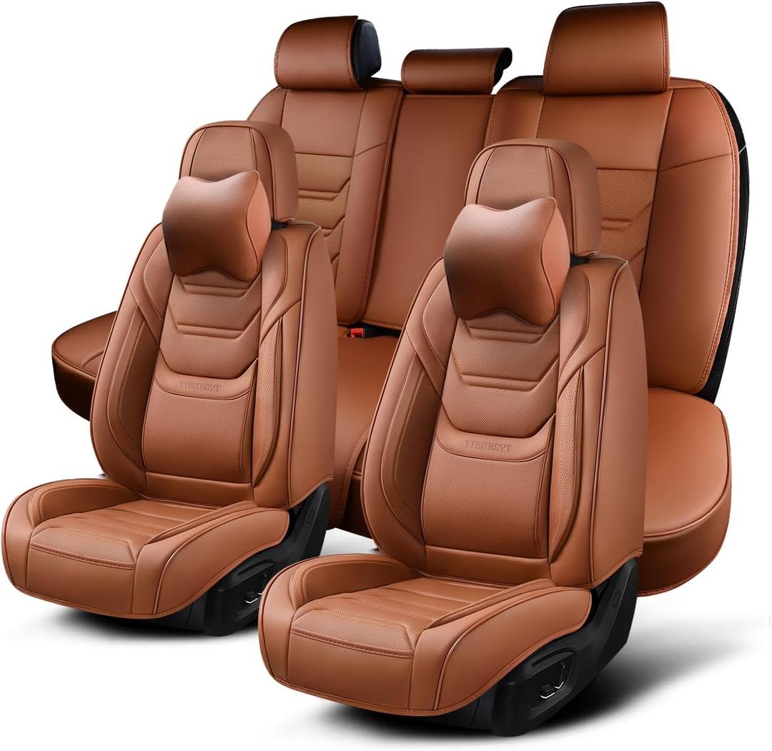 TIEHESYT Car Seat Covers Full Set, Breathable Leather Automotive Front and Rear Seat Covers & Headrest for Reduce The Driving Fatigue, Compatible with Most Vehicles, Cars (Brown, Front Pair and Rear)
