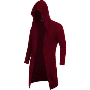 RAGEMALL Mens Long Cardigan Open Front Draped Lightweight Hooded Sweater with Pockets Wine Red, XL