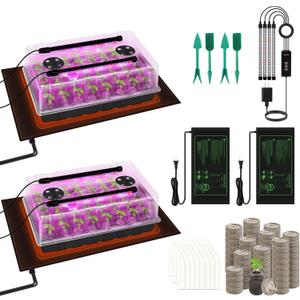 Hahood 2 Set Seed Starter Kit 40-Cell Seed Starter Tray with Grow Light Full Spectrum Seedling Heat Mat 40 Peat Pellets Seed Starting Soil Plant Label Garden Tool for Germination Seeds Growing, Black