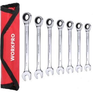 WORKPRO 7-Piece Ratcheting Combination Wrench Set, 72 Teeth, Cr-V Constructed, Combo Ratchet Wrenches Set with Roll Up Pouch, SAE 5/16"-11/16"