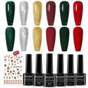 MIZHSE Christmas Gel Nail Polish Set, 6 Colors Sparkle Green Glitter Gold Silver Gel Polish Dark Green Dark Red Gel Polish Kits Soak Off Nail Art Manicure Home New Year Day Gifts for Ladies