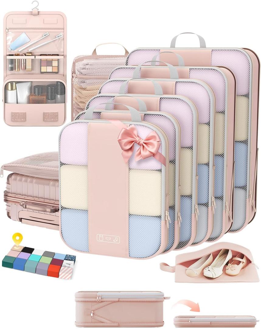 10 Set Compression Packing Cubes for Travel Gifts Women Mom,OlarHike Luggage Clothes Organizer for Travelers,Airplane/Cruise/Car/Train Travel Essentials,Compressible Expandable Saver Space Bags(Beige)