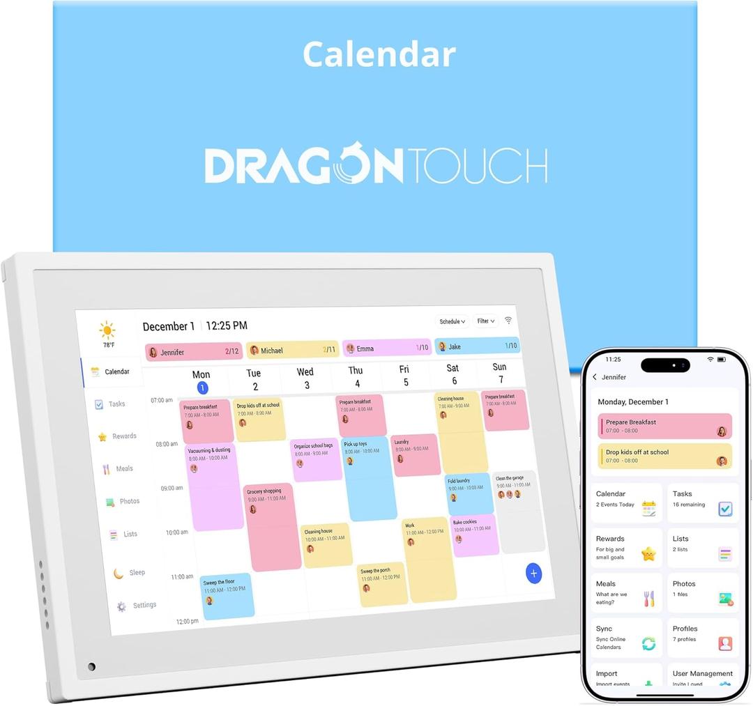 Dragon Touch 10.1 inch Digital Calendar Chore Chart  Interactive Touchscreen, Smart Family Planner, Hearth Display Desk Digital Calendar Best Gifts for Christmas, Wedding, Mom (White)