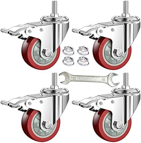 DICASAL 3 Inch Heavy Duty Stem Casters 360 Degree Swivel Thread Wheels with Metric Size M12-1.75 Screw Bolt Double Locking Brake Castor Wheel Load Capacity Upto 900 Lbs Pack of Three