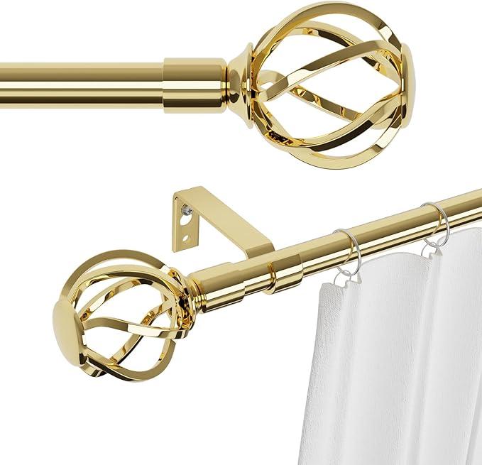 Gold Curtain Rods for Windows 66 to 120 with Cage Finials, Heavy Duty Curtain Rod Set with Splicing Adjustable, Decorative Curtain Rods for Outdoor Patio, Sliding Glass Door, 5/8" Diameter