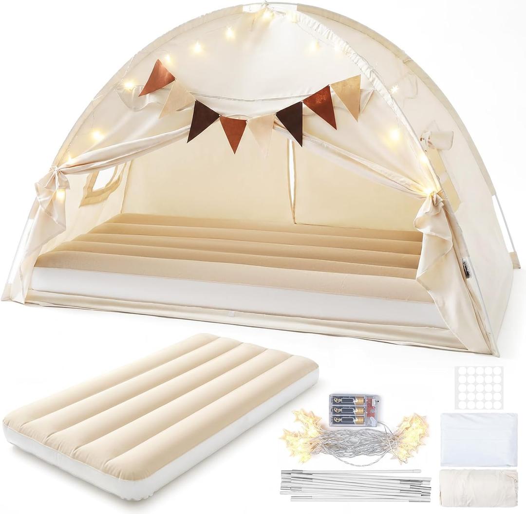 GliCraft Inflatable Toddler Travel Bed with Tent, Portable Kids Air Mattress with Stars Lights & Flags, Ideal for Home, Traveling, Camping, Electric Pump is Not Included
