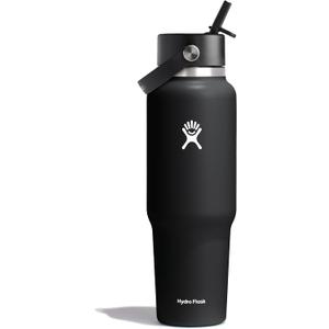 Hydro Flask Travel Water Bottle - Insulated Stainless Steel - Wide Straw Lid, Non Spill, Leakproof in 40 Oz Black
