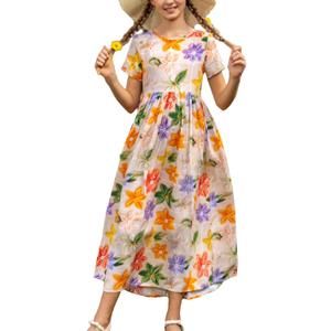 RONGTAI Girls 3D Dress for Girls Printed Short Sleeves Casual Summer Dresses with Pockets for 4-15Y Kids Outfits (6-7 Years, Flower-01)