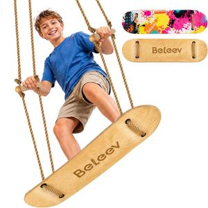 BELEEV Skateboard Swing for Kids & Adults, 31 Inch Stand Up Tree Swing with Adjustable Wooden Handles & Ropes, Grip Tape Deck, 2 Tree Straps, Balance Training, Up to 200 lbs, Ages 6+ (Classic Wood)