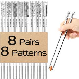 8 Pairs Metal Chopsticks Reusable 18/8 Stainless Steel Chopsticks Set Cute Laser Engraved Non-slip Japanese Korean Chinese Chopstick for Cooking Eating Dishwasher Safe 9.25" Chop Sticks Gift Set