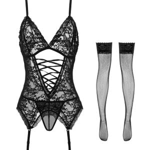 Anyou Lingerie for women, Womens Lingerie Stretchy Lace Teddy Plus Size lingerie with Stockings Size S (Black)