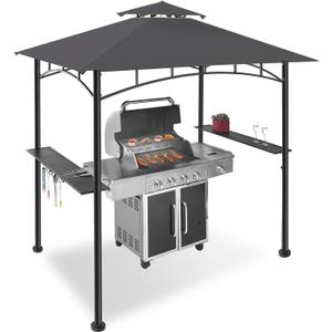 FAB BASED 5x8 Grill Gazebo, All-Weather Steel Construction, Double Tiered & Resistance Canopy Roof, Metal Serving Shelves, 2 LED and Bottle Opener for Patio, Backyard, BBQ (Dark Gray)