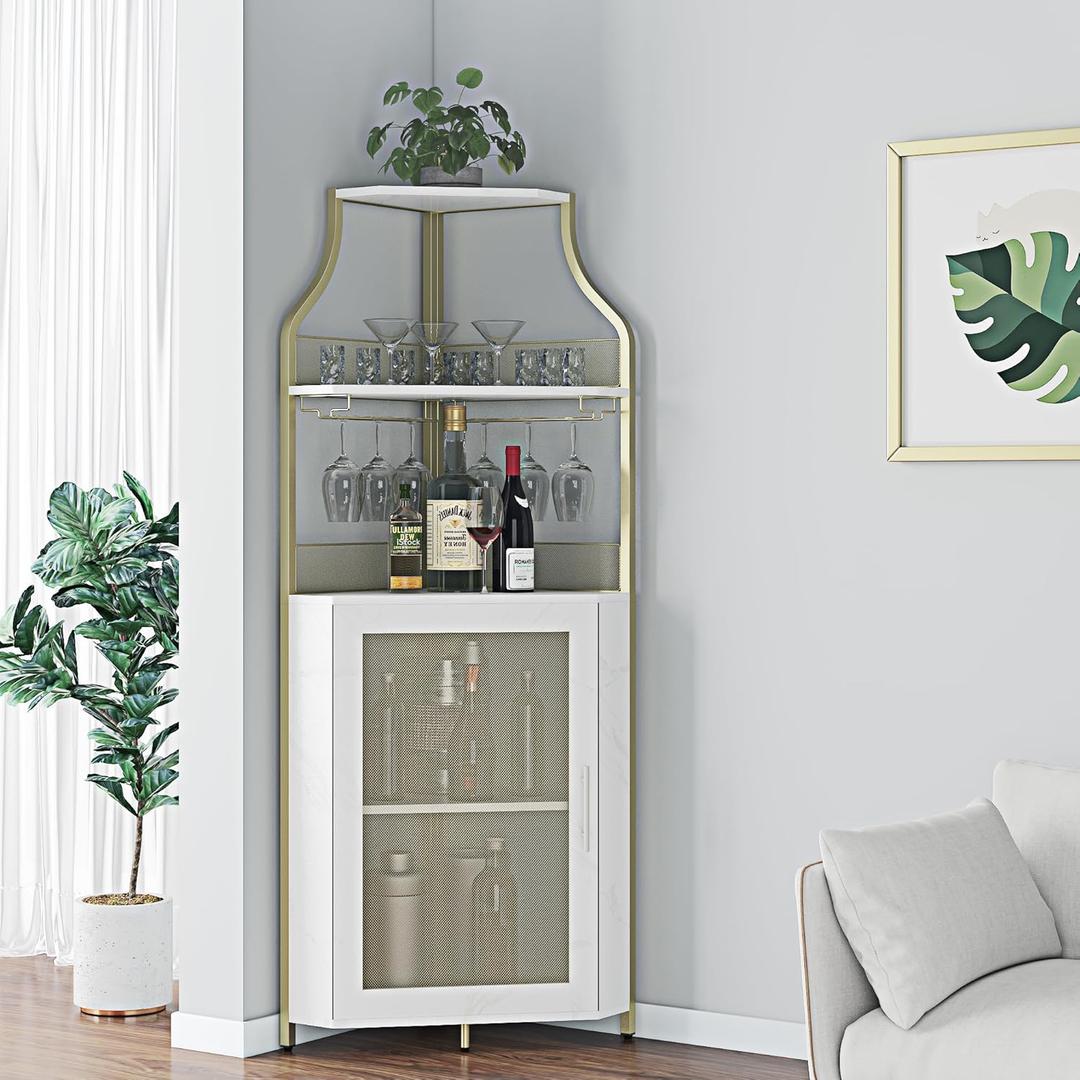 Corner Wine Bar Rack Cabinet with Detachable Wine Rack, Bar Cabinet with Glass Holder, Small Sideboard and Buffet Cabinet with Mesh Door (Gold)
