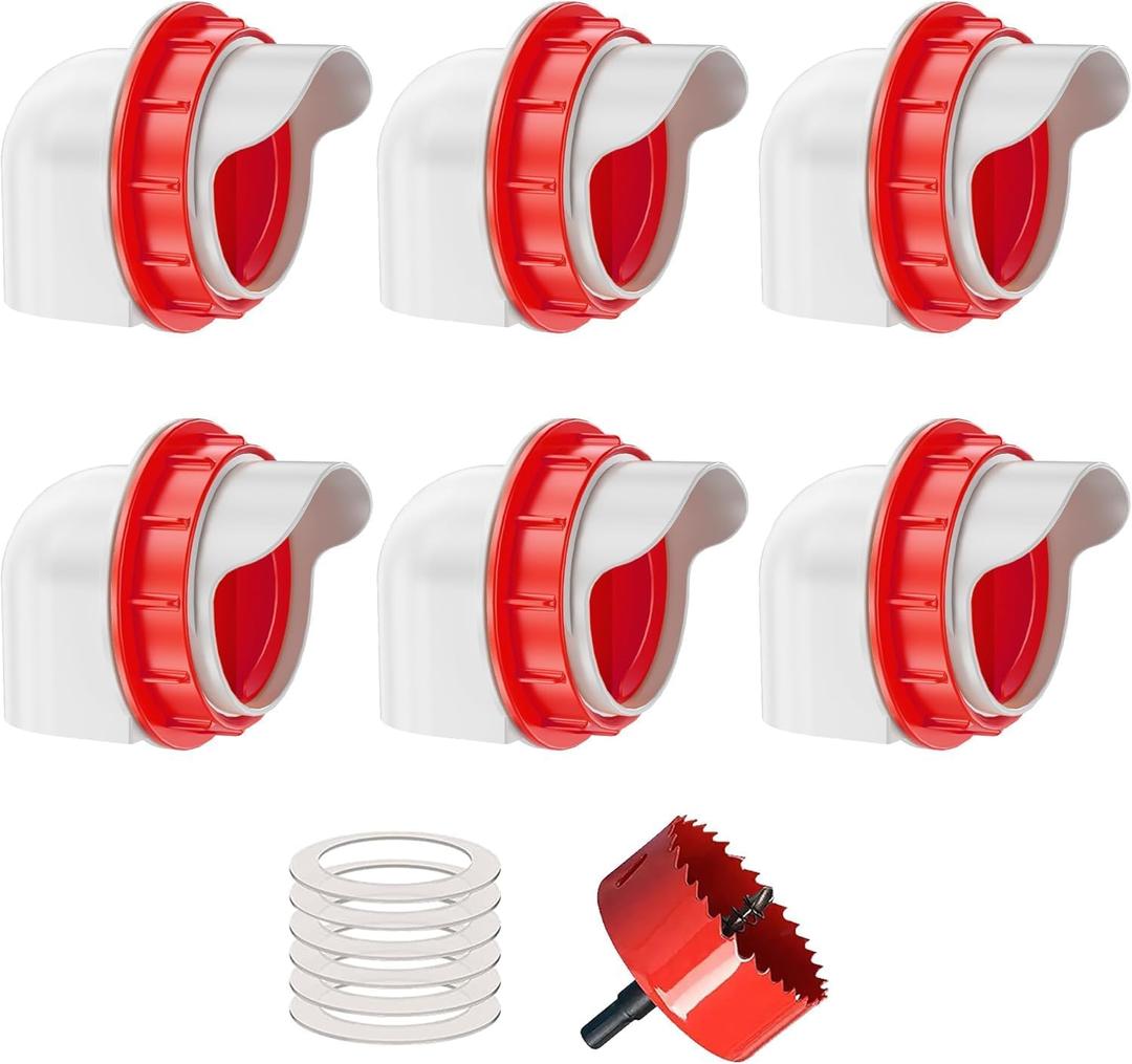 Chicken Feeders No Waste, DIY Automatic Poultry Feeder 6 Ports 1 Hole Saw with Covers Gravity Feed Kit for Buckets Barrels Bins Troughs (Red)