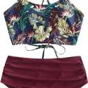 ZAFUL Women's Ruched High Waisted Tankini Swimsuit Criss Cross Bikini Set Tummy Control Bathing Suit (X-Large, Plum Pie)