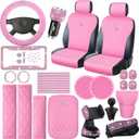 Pink Car Accessories Set Front Car Seat Covers Set Steering Wheel Center Console Handbrake Seat Belt Cover Bling Car Phone Glasses Holder Adapter Car License Frames for Women, 33 Pcs