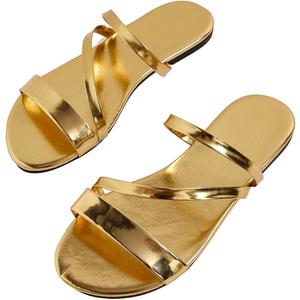 GORGLITTER Women's Metallic Strappy Open Toe Flat Sandal PU Leather Summer Slides Sandals (8.5, Gold)