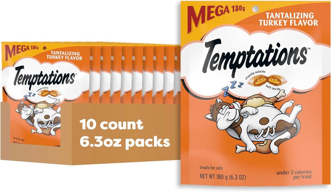 Temptations Classic Crunchy and Soft Cat Treats Tantalizing Turkey Flavor, 6.3 oz. Pouch (Pack of 10), Best By 12, 2025