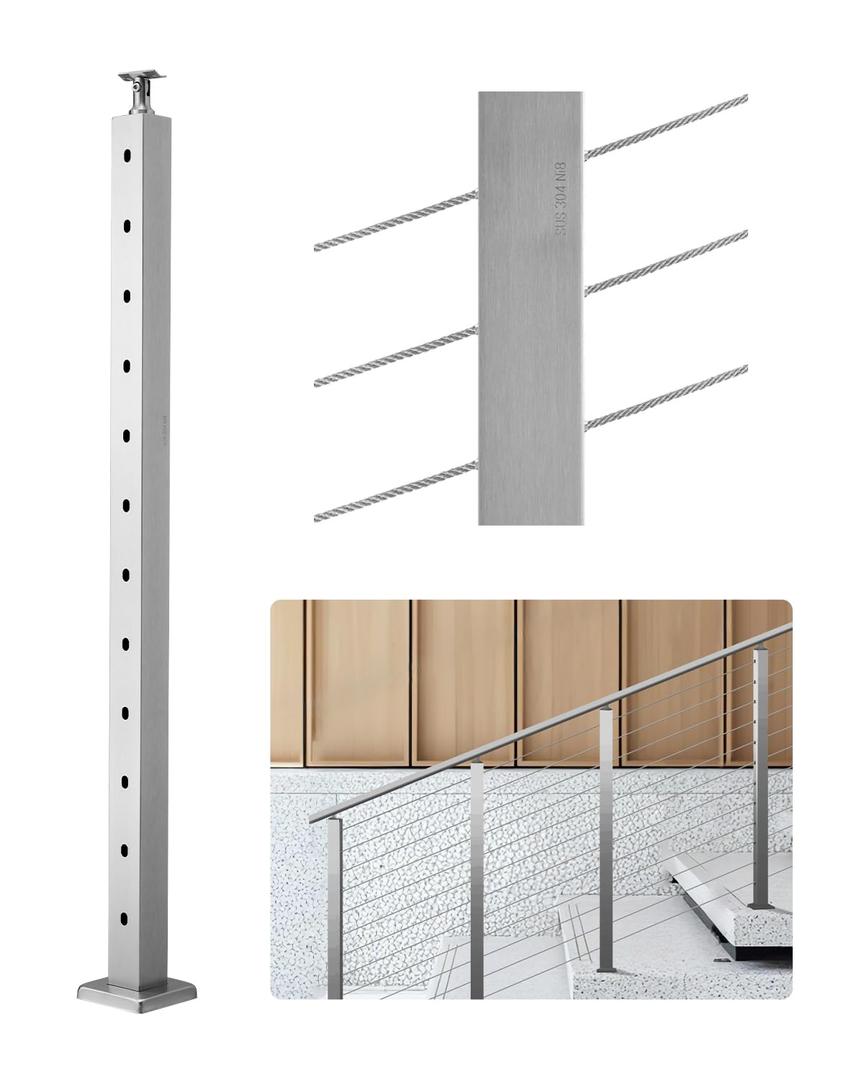 VEVOR Stair Cable Railing Post, 12 30 Pre-Drilled Holes, 42x2x2 Inches Stainless Steel Cable Railing System Kit for Indoor Outdoor Deck Balcony, 1 Pack, Silver, Product ID 1JZLGZXYS1062TLWC001V0