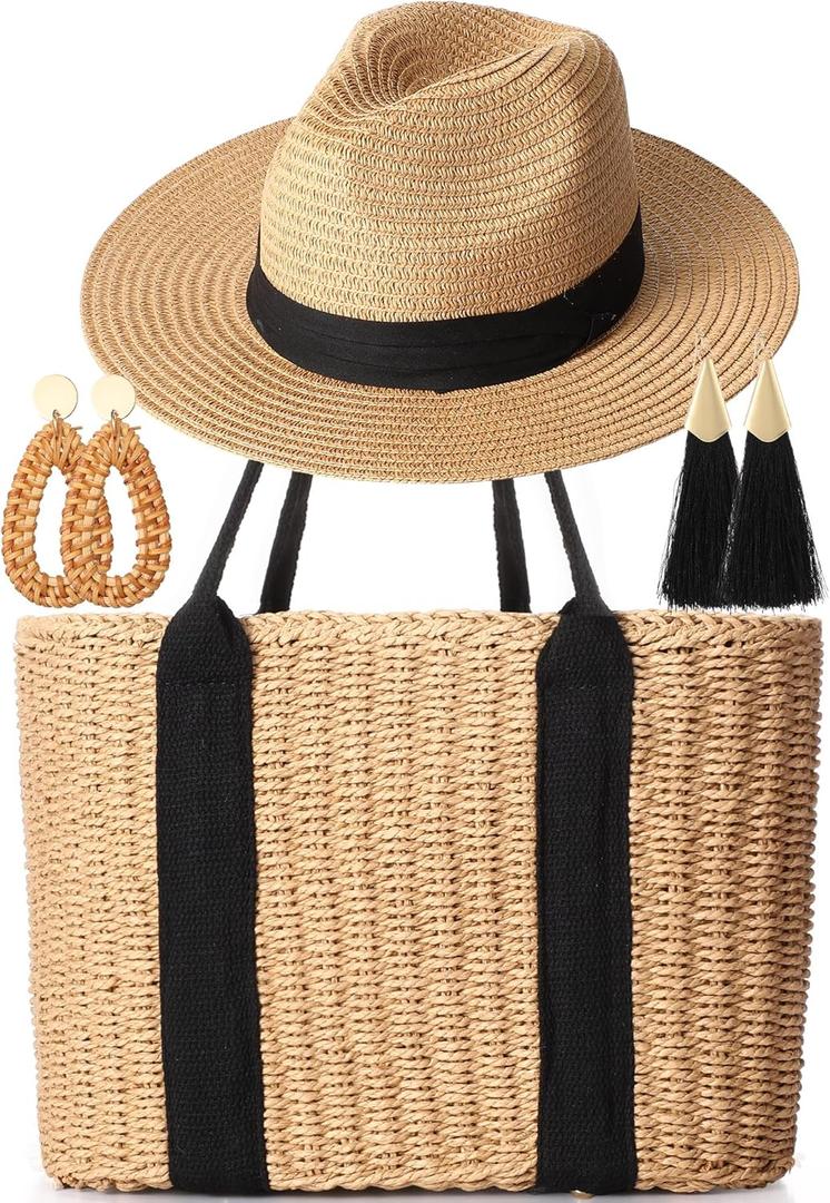 Glitopper 4 Pcs Straw Bag Woven Bag and Rattan Wicker Hat Tassel Earrings Set Summer Tote Handbag for Woman Vacation Boho Accessories