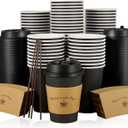 LITOPAK 100 Pack 12 oz Paper Coffee Cups for Hot Chocolate Drinks, Black Disposable Coffee Cups with Lids, Sleeves and Stirring Sticks for Parties, Picnic, Travel, and Events