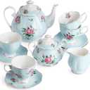 BTaT- Floral Tea Sets for Adults, 13 pcs, Service for 4, Pot (38 oz) & Cups (8 oz) with Saucers, Pastel Blue Floral Design, Porcelain Tea Set for Adult, Dishwasher Safe