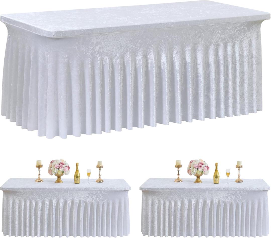 Outpain 2 Pack 6FT White Velvet Tablecloth Rectangle 90x132 inch - Heavyweight Luxury Fitted Table Cover with Floor-Length Skirt, Wrinkle-Free Stretch Fabric for Wedding Receptions/Banquet Decor
