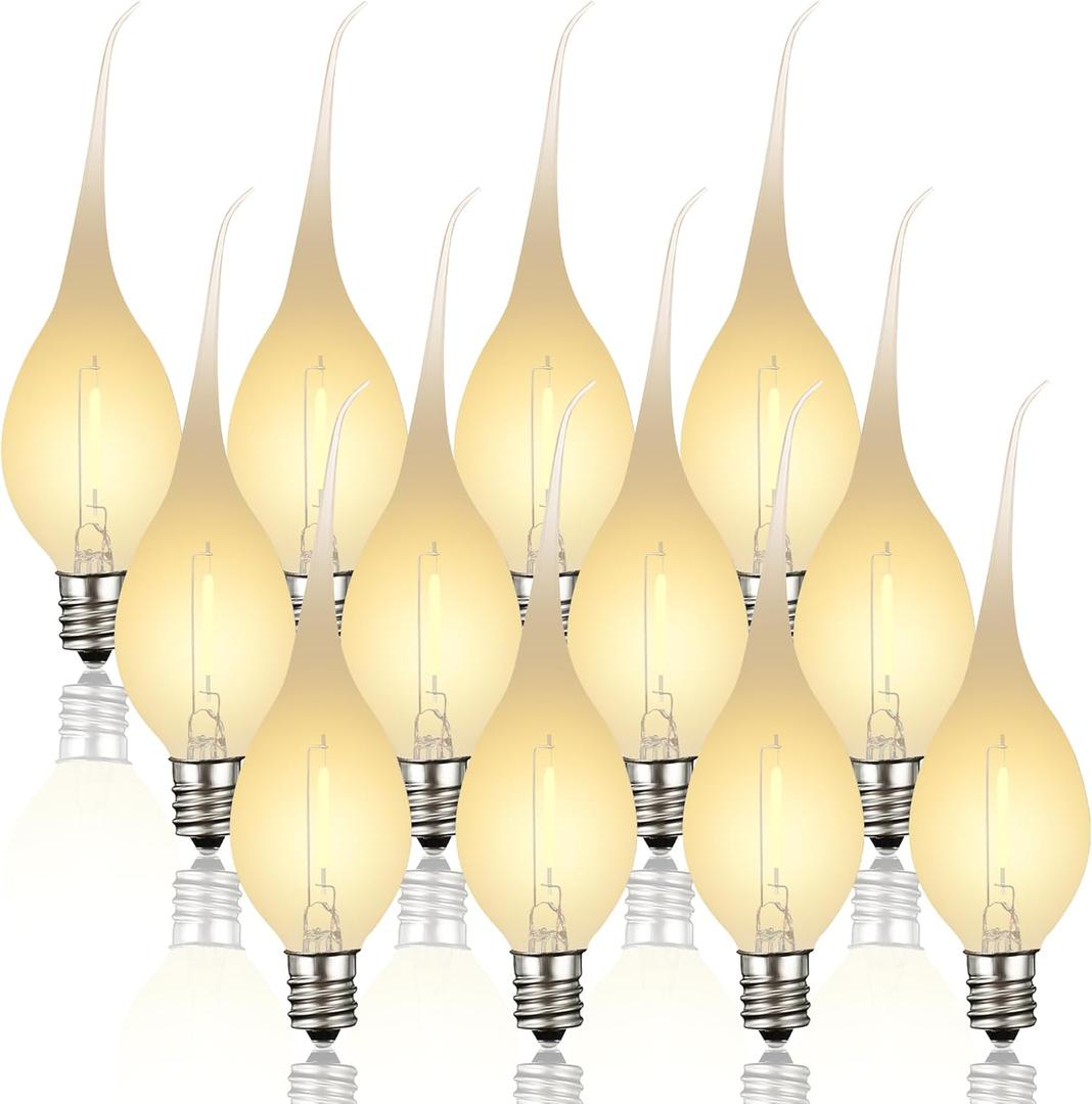 Meonum 12 Pcs Silicone Dipped Candle Light Bulbs, LED Silicone Candle Bulbs, 0.7 Watts Chandelier Light, C7 Lamps, E12 120V White Soft Coating Lighting for Window Candelabra, Chandelier (Gold Glow)