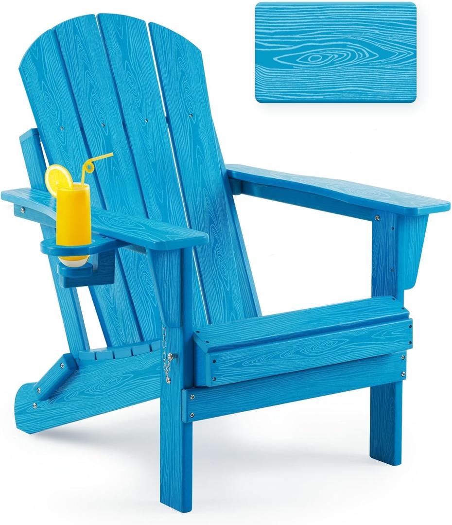 Folding Adirondack Chair, Patio Chair Weather Resistant, Outdoor Chair Wood Texture, Lawn Chair with Cup Holder, Fire Pit Chair for Deck,Outdoor,Porch,Backyard,Garden (Pacific Blue)