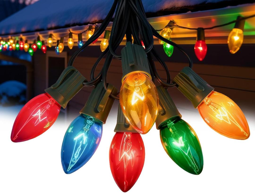 Konictom 25 FT C9 Clear Multicolor Christmas String Light Outddor,Vintage Christmas Lights with 26 Edison Bulbs(1 Spare), C9/ E17 Base,Multicolor Lights for Xmas Tree Party Backyard Wedding Decor