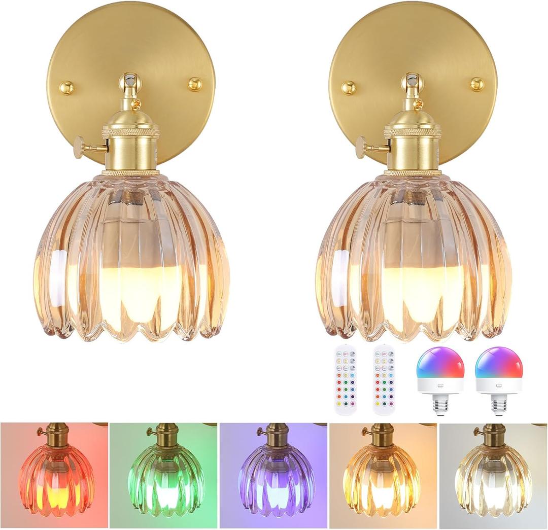 Vintage Battery Operated Wall Sconce with Amber Tulip Glass Lampshade Wireless Rechargeable Battery Powered Wall Light with Remote Control for Bedside Bedroom Doorway, Set of 2