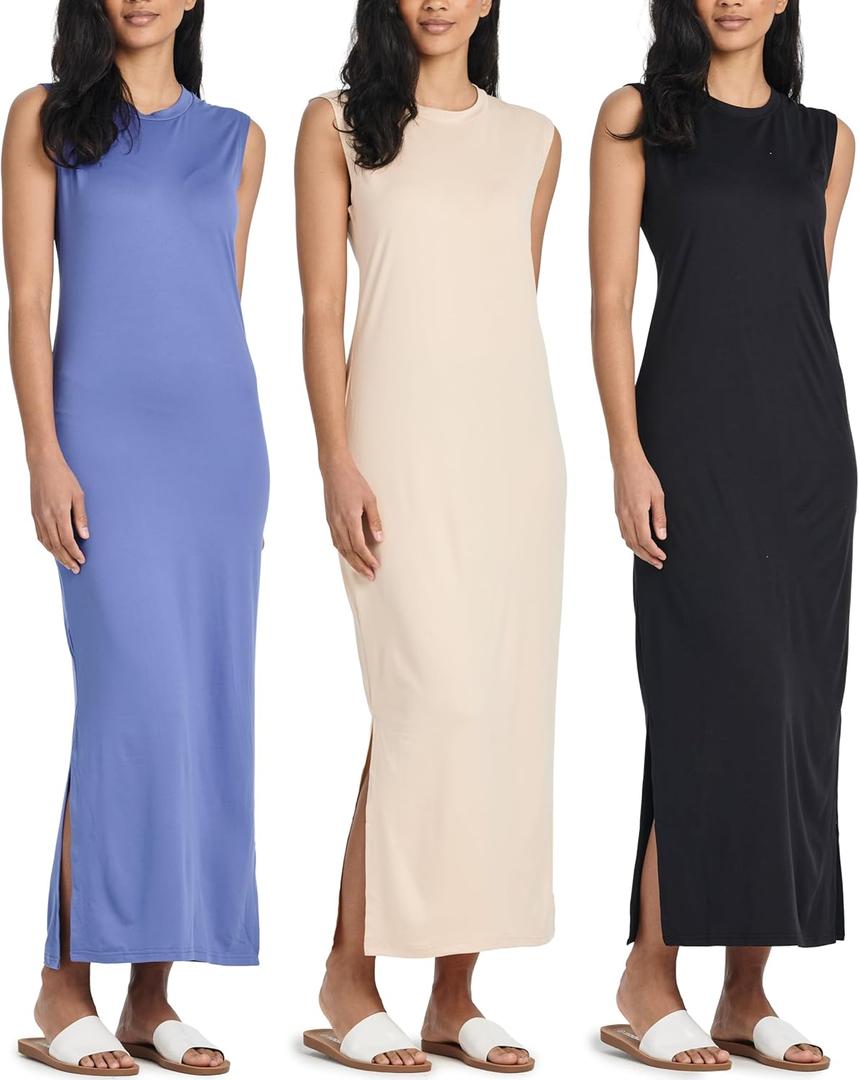 Real Essentials 3 Pack: Womens Maxi Tank Dress | Sleeveless Casual Long Lounge Dress, Set 6, Plus Size, 3x