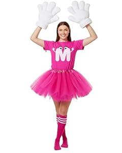 Geyoga 6 Pcs Letter M Halloween Costumes Set Include T-Shirt Tutu Skirts Jumbo Cartoon Gloves Socks for Women(Hot Pink, Medium)