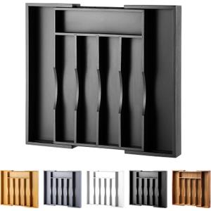 Expandable Bamboo Kitchen Drawer Organizer for Cutlery and Utensils, Adjustable Bamboo Wood Cutlery Tray in Drawer for Flatware and Silverware in Kitchen, (Black) (7 Slots Expandable)