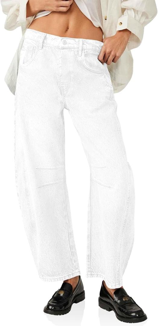 Cicy Bell Womens Baggy Barrel Jeans Boyfriend Wide Leg Mid Rise Balloon Denim Ankle Pants (14, White)