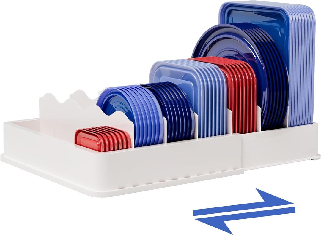 SWOMMOLY Expandable Food Storage Container Lid Organizer, Includes 6 Adjustable Dividers, 30 Preprinted and Blank Writable Labels, White (Large)