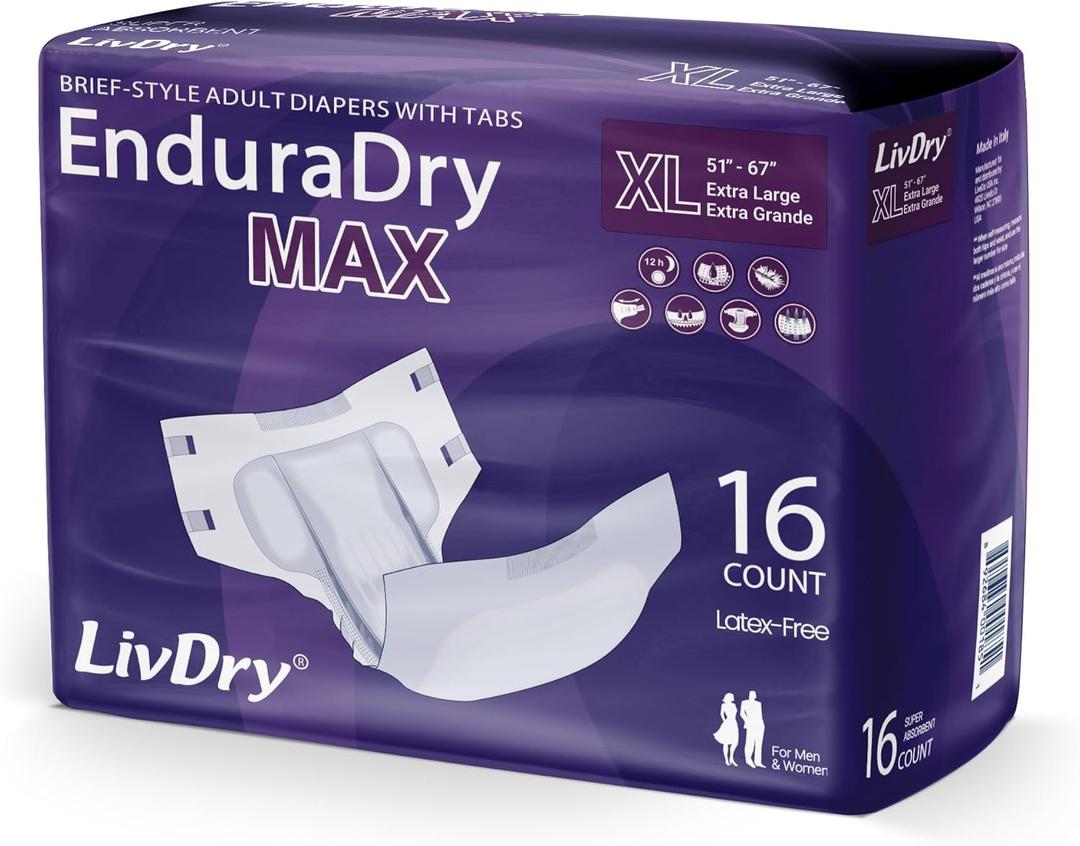 LivDry EnduraDry Max XL Adult Diapers with Tabs, Up to 12-Hours, Super Absorbent Incontinence Underwear, Leak Protection Briefs, Extra Large, 16-Pack