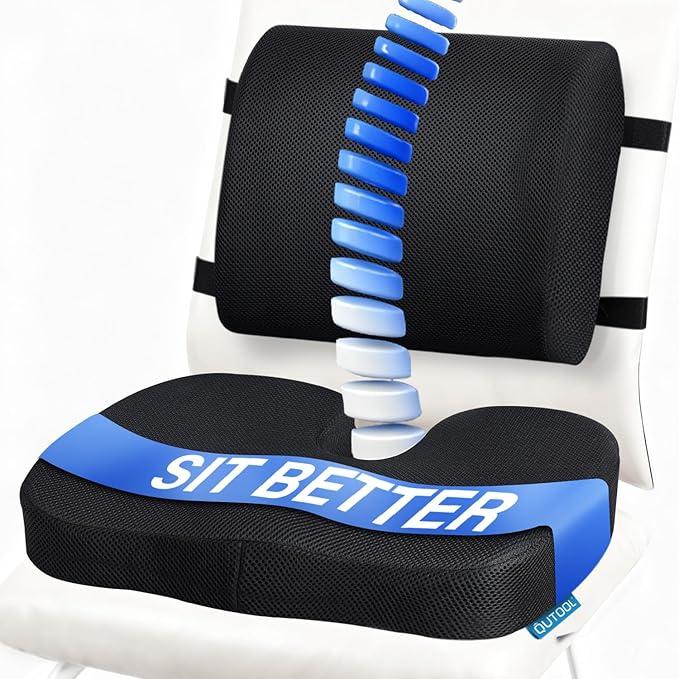 Coccyx Seat Cushion & Lumbar Support Pillow for Office Chair, Car, Wheelchair Memory Foam Chair Cushion for Sciatica, Lower Back & Tailbone Pain Relief Desk Pad with Adjustable Strap 3D Washable Cover