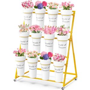 Flower Display Stand with 12 Buckets, Metal Flower Cart with Wheels 3 Layers Gold Flower Bar Stand Moving Florist Bouquet Shelf for Party Weddings Ceremony Garden Indoor Outdoor Patio Decor (35.43" x 21.65" x 47.24"(LxWxH))