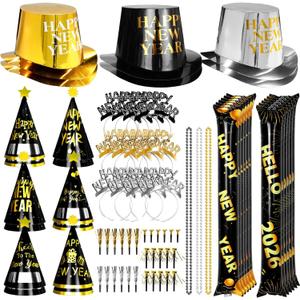 New Years Eve Party Supplies 2026 94PCS Happy New Years Decoration Hats Headband for 2026 Party Props Festival Decorations Count Down NYE Party Supplies Favors (Black Gold -1)