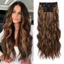 REECHO Clip in Hair Extensions, 4PCS BHair Extensions 24" Thick Long Beach Waves hair extensions HE003 Invisible Lace Weft Chocolate Brown with Golden Highlights