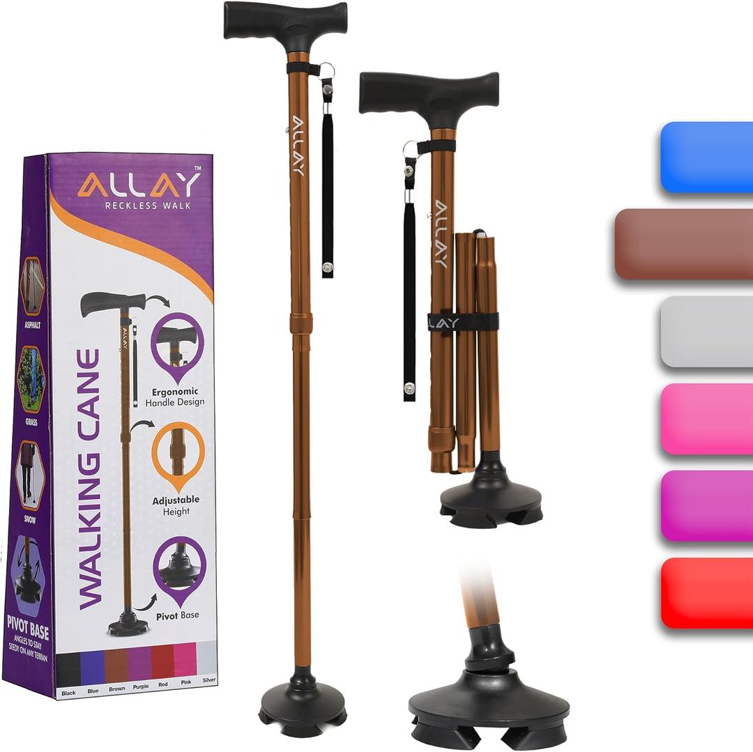 Allay Walking Cane for Men & Women - Foldable, Adjustable, Collapsible Walking Canes for Seniors Balance, Free Standing, Pivot Tip, Heavy Duty, with Travel Bag | Walking Sticks for Seniors & Adults (Brown)