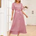 AISWI 2025 Maternity Sparkly Mesh Maxi Flowy Dress with Belt Ruffle Sleeves Pregnant Long Dress Baby Shower Photoshoot Formal (Pink, XL)