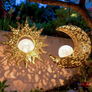 Solar Hanging Sun & Moon Lights Set for Outside,2 Pack Metal Lanterns Pierced Carving Soothing Lamp, Large Decorations for Yard Garden Patio Proch Tree Wall, Christmas Gifts for Women Mom