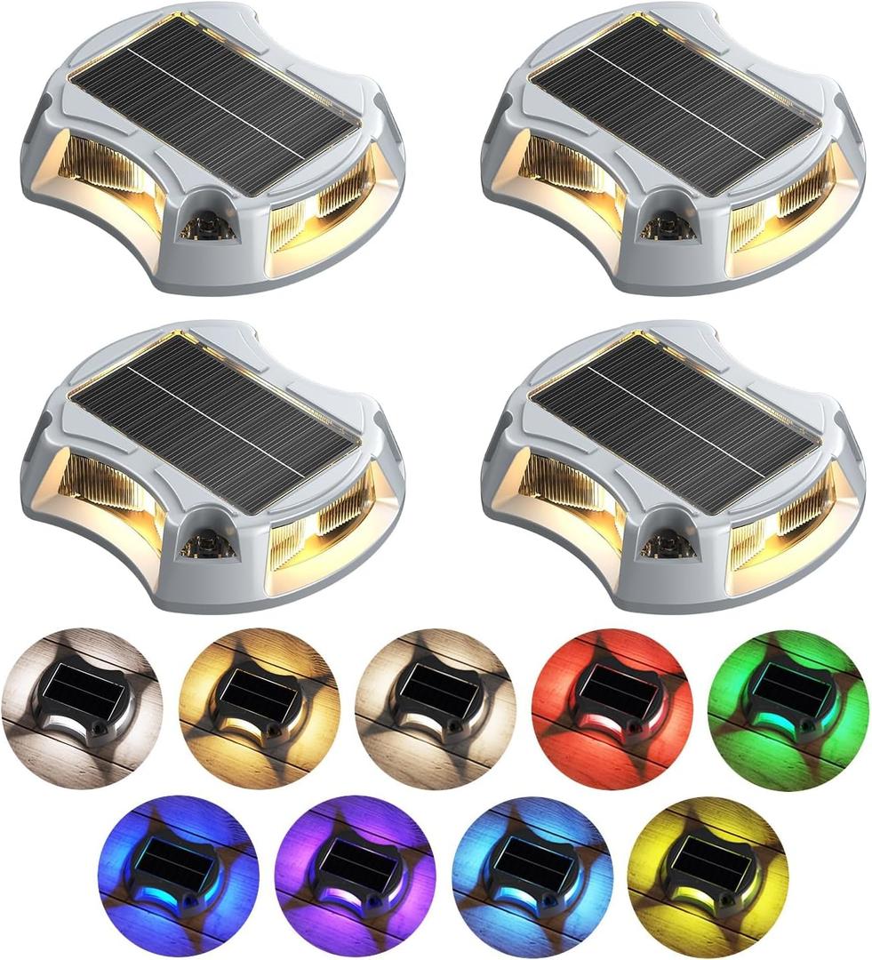 Solar Driveway Lights Solar Dock Lights 9 Colors in 4 Pack, Waterproof IP68, Outdoor, for Driveway Markers, Pathway, Sidewalk, Marine Dock, Warning Step
