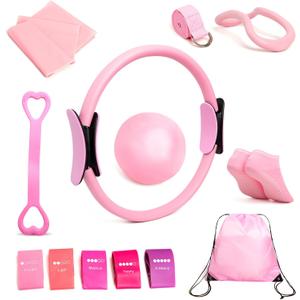 IwIeIaIrI Pilates Ring 13 Set, Pilates Kit for Home Workout,Pilates Equipment with 14.9'' Pilates Circle and Ball,5 Strength Bands, Resistance Bands,Grip Socks Accessories for Starter Home Workouts