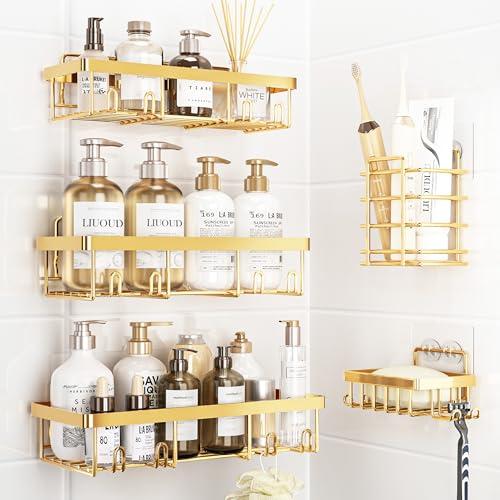 Liuoud 5 Pack Shower Caddy Organizer Rack Shelf for Inside Shower, Self Adhesive Wall Storage Basket Rustproof Stainless Steel Shampoo Holder Bathroom Accessory Decor Set, Gold